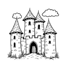 Fototapeta premium Whimsical hand drawn medieval castle illustration with detailed turrets evokes fantasy storybook