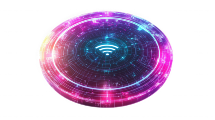 Glowing orb with wifi symbol at center surrounded by circular patterns on  digital art on transparent background