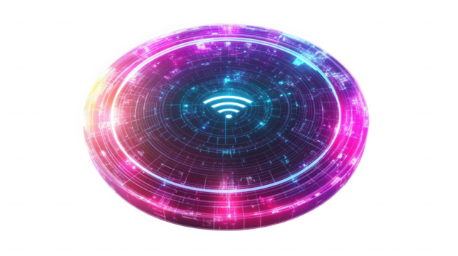 Glowing orb with wifi symbol at center surrounded by circular patterns on  digital art on transparent background