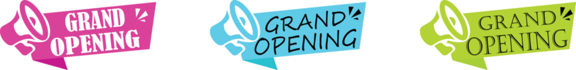 Grand Opening Banner Icon set. Marketing Business Concept With Megaphone. Modern Label Element. Grand Opening vector graphic element. Super shop label Promo design. Product opening festival.