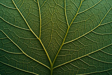 Obraz premium Close-up of green leaf structure showing intricate vein pattern and fine texture under light, nature background concept in macro detail. Ai generative