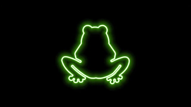 Neon Green Frog Silhouette on Black Background - This video features a glowing neon green outline of a frog on a stark black background.