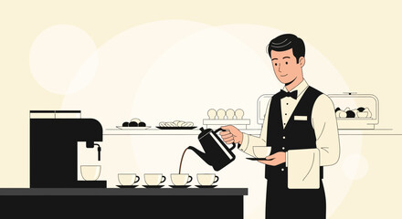 Fototapeta premium Professional Waiter Preparing Beverages for a Meeting in Minimalist Elegant Design
