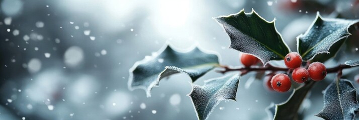 Close-up of frosted green holly leaves with sharp edges and clusters of bright red berries against a soft snowy background, evoking a cold winter atmosphere