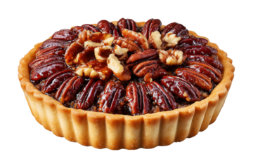 Sweet glazed pecan tart pie with golden crust and caramelized nut topping, isolated on white transparent background, concept of dessert