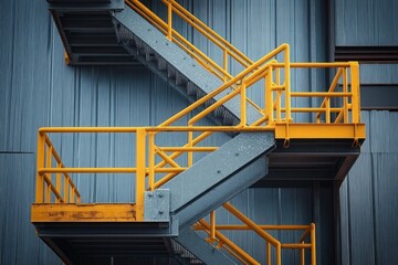 Industrial metal staircase with bright yellow safety railings against a gray corrugated metal wall showcasing geometric construction and structural details