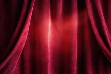 Red velvet theater curtains slightly parted with soft light shining through, creating an elegant and dramatic atmosphere