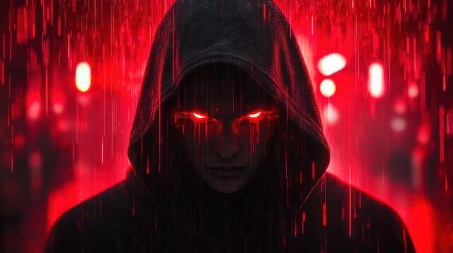 Mysterious figure with glowing red eyes in dark hooded cloak standing in red rain with intense and menacing expression