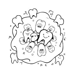Whimsical tooth characters gathered happily, a dental group illustration with charming expressions