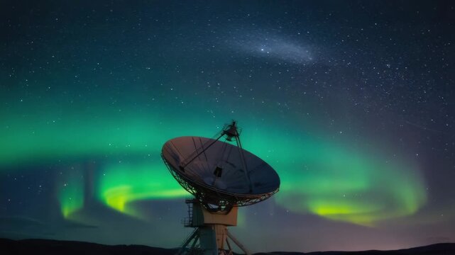 Large Rotating Satellite Dish Receiving Space Signals, Starry Night Sky with Galaxies and Auroras, 4K Animation