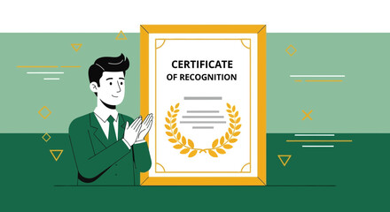 Professional Man Celebrates Certificate of Recognition, Corporate Success and Achievements