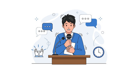Fototapeta premium Public Speaking Apprehension: A Young Man Faces His Fears and Delivers a Presentation