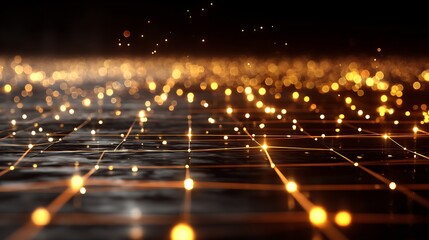 Abstract Glowing Network Grid with Golden Connecting Nodes and Sparkling Bokeh Lights on Dark Reflective Background, Illustrating Data and Digital Technology.