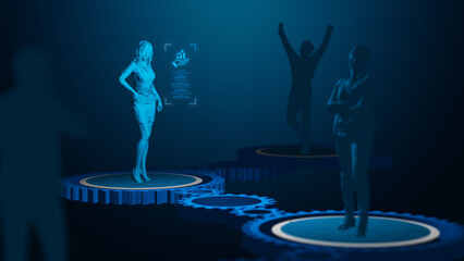 Business support and value creation concept with businesswoman on gear platform representing strategic growth, responsibility, and investment vision