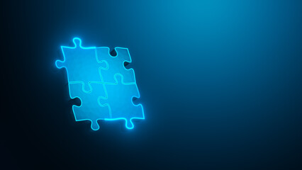 Glowing blue puzzle piece cluster symbolizing connection, teamwork, problem-solving, and digital integration on a futuristic background