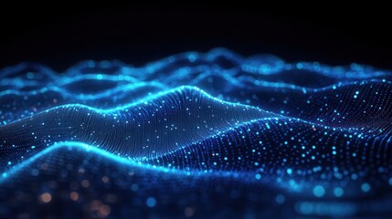 Glowing blue digital wave landscape made of interconnected particles creating a flowing, dynamic futuristic grid with a sense of depth and motion