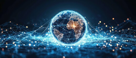 Glowing network globe with illuminated continents surrounded by interconnected blue light nodes and lines symbolizing global digital connectivity and data exchange