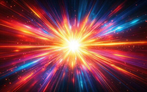 Bright vibrant explosion of colorful light beams radiating outward with dynamic motion and glowing particles creating a sense of energy and cosmic wonder