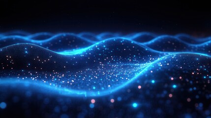 Glowing blue digital wave landscape with luminous particles creating a futuristic and dynamic energy flow