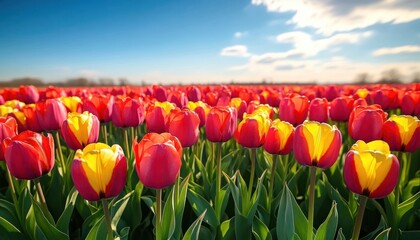 Vibrant field of red and yellow tulips under a partly cloudy blue sky on a sunny day