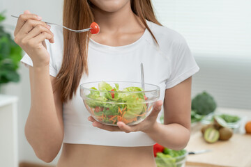 slim body asian women choose healthy foods, dieting female choose salad for diet. Good healthy...