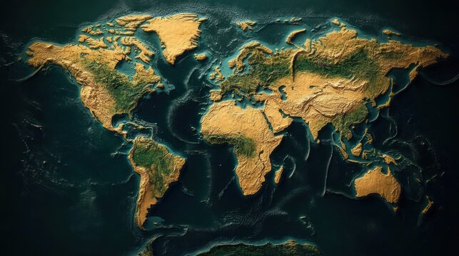 Detailed raised relief map of the world showing continents and ocean depths with textured landmasses and underwater terrain in contrasting colors