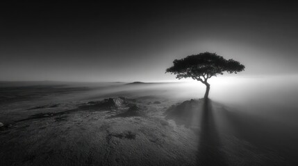 Lone tree on hill with mist, dramatic monochrome landscape, soft light, and long shadows