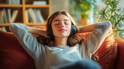 person relaxing on a couch wearing a gray sweater and large headphones with hands behind the head in a cozy room with plants and a bookshelf in the background