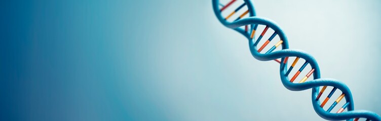 DNA double helix structure on blue gradient background with empty copyspace for science, medicine, or biotechnology promotion concepts. Ai generative
