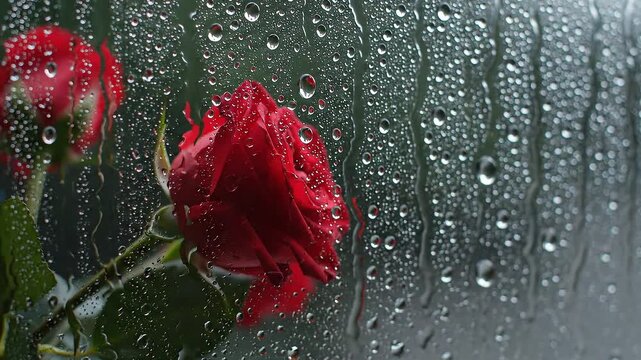 Captivating Red Rose Through Rain-Streaked Glass A Symbol of Love, Resilience, and Beauty Amidst a Downpour