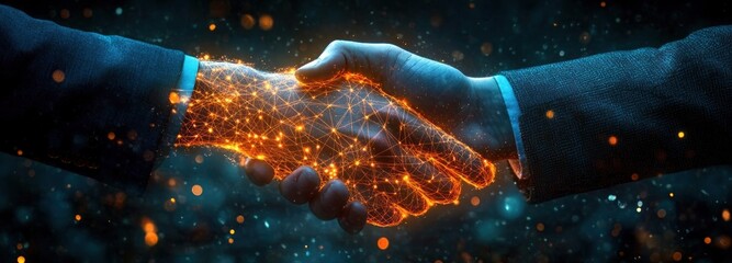 Two people in suits shaking hands with digital glowing orange network connections overlaying one hand symbolizing technology and partnership