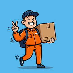 Smiling delivery person in orange uniform and cap walks with cardboard box in one hand, making peace sign with the other, wearing blue backpack on light blue background.