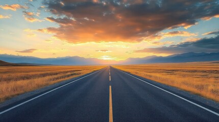 Fototapeta premium Empty straight highway stretching into the horizon with golden fields on both sides and mountains under a dramatic sunrise sky with scattered clouds