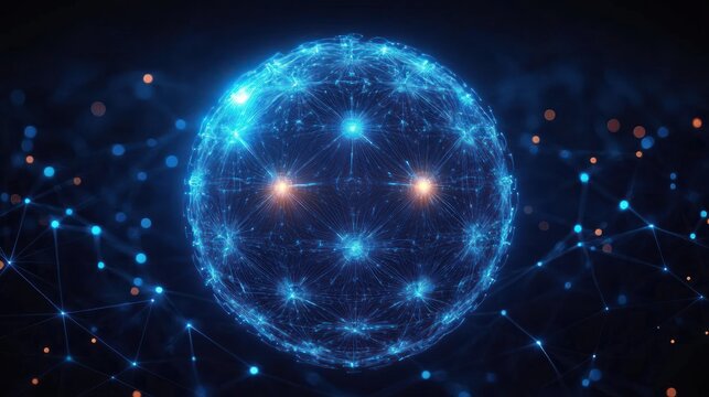 Glowing blue digital network sphere with interconnected nodes and lines on dark background representing technology and connectivity