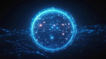 Glowing blue digital globe with interconnected network nodes and lines representing data or communication in a dark space with futuristic ambiance