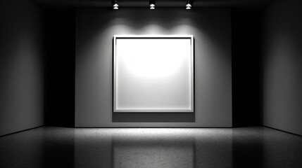 Art gallery exhibit with bright square frame on wall under spotlights in black space