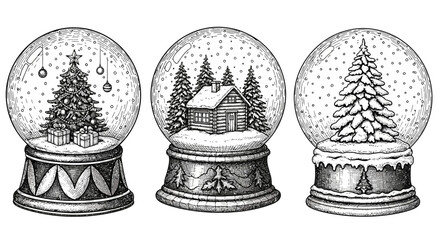 Three snow globes in a row, each containing a different winter scene: a Christmas tree, a cabin in the woods, and a snow-covered fir tree.
