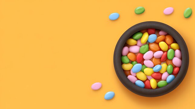 Bowl filled with candies on a yellow background