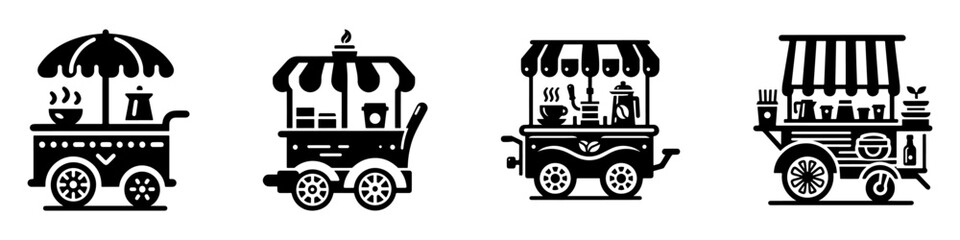 Modern Minimalist Coffee Cart Mobile Icon, Flat Silhouette of Mobile Café Vector for Street Food Illustration Design