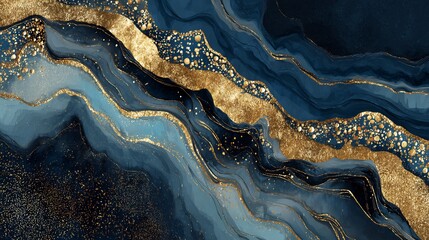 Abstract blue and gold fluid art background with glittering texture, elegant golden lines, and liquid ink waves.