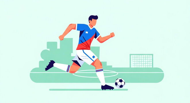 Dynamic illustration of a soccer player in action, dribbling the ball on the field with city skyline in the background, showcasing energy and skill - Powered by Adobe