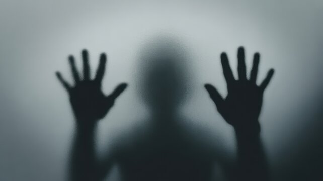 The Ghostly Embrace: A chilling silhouette presses against a frosted surface, hands outstretched in a ghostly embrace, evokes a sense of mystery and unease.
