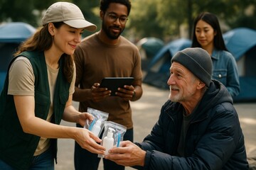 Volunteers distributing hygiene kits to elderly man outdoors in a social help setting with tents in background on a sunny day. Ai generative