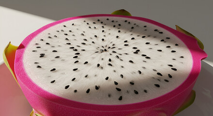 Cross section of dragon fruit under natural morning light with soft shadows.