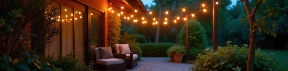 Warm String Lights Illuminating a Twilight Patio, Creating a Serene Summer Evening Ambiance