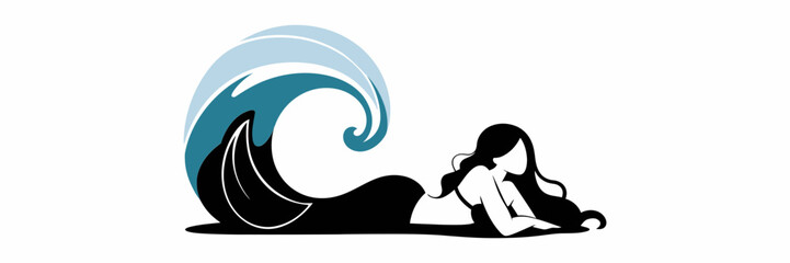 Stylized mermaid with flowing hair and tail on a wave isolated on transparent background