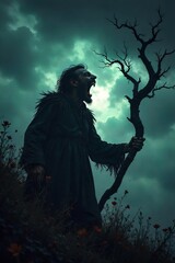 Maniacal Laughter Shadowy Figure in Stormy Sky, Humorous and Terrifying Surreal Scene