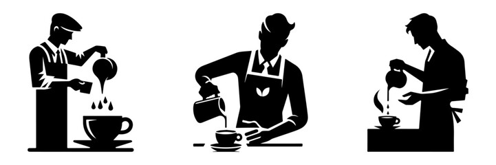 Modern Minimalist Man Pouring Coffee Icon, Flat Silhouette of a Barista Serving Drink Vector for Café Illustration Design