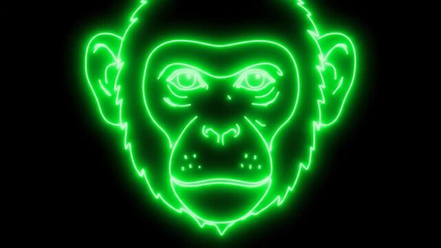 Neon Monkey Head on Black Background - A bright neon green outline of a monkey's face is centered against a solid black background.