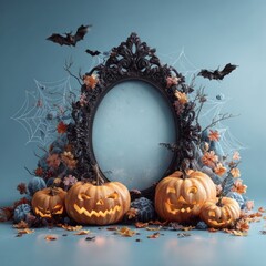Spirited halloween ambiance with pumpkins and shadows enveloping the season. Grotesque style. Diverse halloween decorations form a festive frame on calming blue. Edgy editorial.